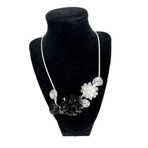 Bib Necklace Statement Jewelry Black White Floral Pendant Silver Tone Chain